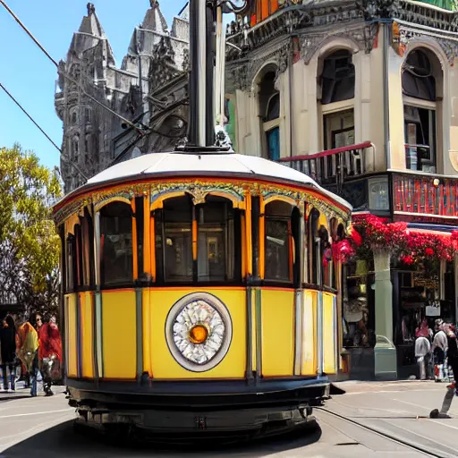 Prompt: on holiday in christchurch new zealand tram painted by alphonse mucha cashel mall hagley park daffodils high quality 8 k render digital fantasy art beautiful stunning. gondola. warm tone. tourism intricate. ornate. wonderful. utopia.