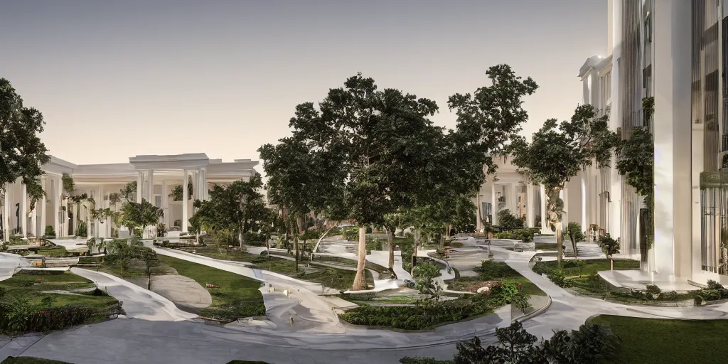 Prompt: 3d rendering of beautiful nature meets neoclassical and ultra modern architecture concept of a low density residential community, large space between properties, volumetric lighting, luxury, high detail, 14mm, mix of red and white marbles and granite structures, some marble statues can be seen, cinematic photography, cg architects, high resolution