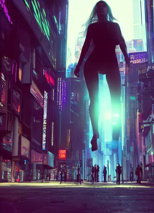 Image similar to photo of a beautiful woman walking through a ( ( ( cyberpunk city ) ) ), full body, hyper realistic, 8 k, dslr, unreal engine, highly detailed portrait