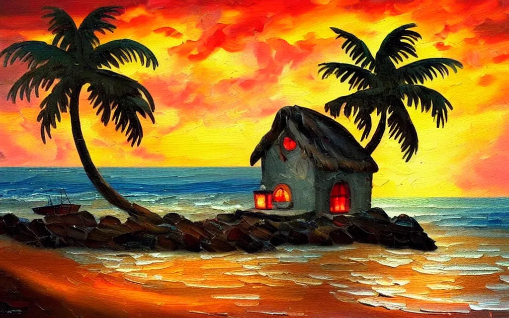 Image similar to a very very small island! cute cozy cottage!! and lanterns!!!, chairs, fireplace, palm trees, dark very late evening cloudy sunset, dramatic and dynamic lighting, thick brush strokes oil impasto painting