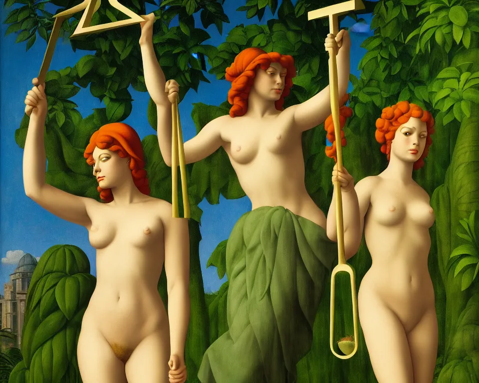 Image similar to lady justice in the jungle by raphael, hopper, and rene magritte. detailed, romantic, enchanting, trending on artstation.