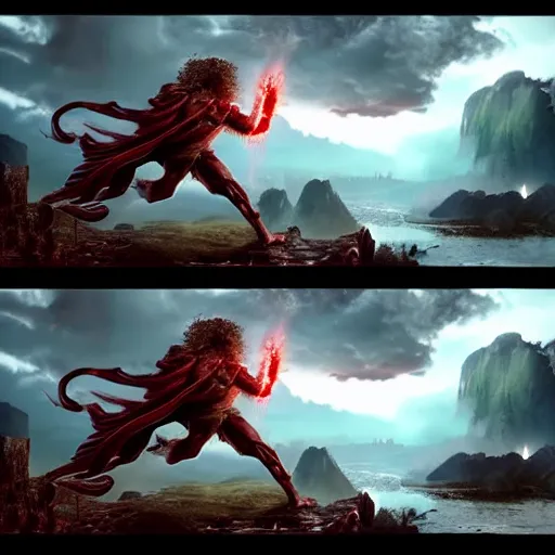 Image similar to a very weak nerd person destroys a God, godrays, epic fights, dramatic poses and scenery, Two people fighting each other, thunderstorm, rtx on, cinematic, movies you do not want to miss, a powerful being losing to a weakling, amazing effects, 4k UHD, Award winning photograph, extremely highly detailed majestic hi-res beautiful, stunning visuals