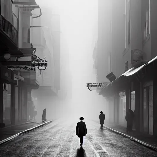 Image similar to people with modern european formal cloting going to their office walking on wide side road,modern san francisco,misty morning with long shadows,fan ho photography