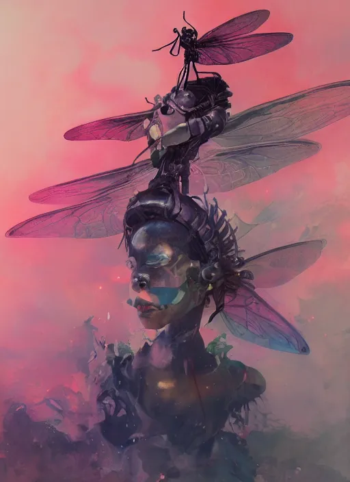 Image similar to surreal gouache painting, by yoshitaka amano, by ruan jia, by Conrad roset, by good smile company, detailed anime 3d render of a Giant glowing dragonfly sitting on a DJ mixer, portrait, cgsociety, artstation, rococo mechanical and electronic, dieselpunk atmosphere