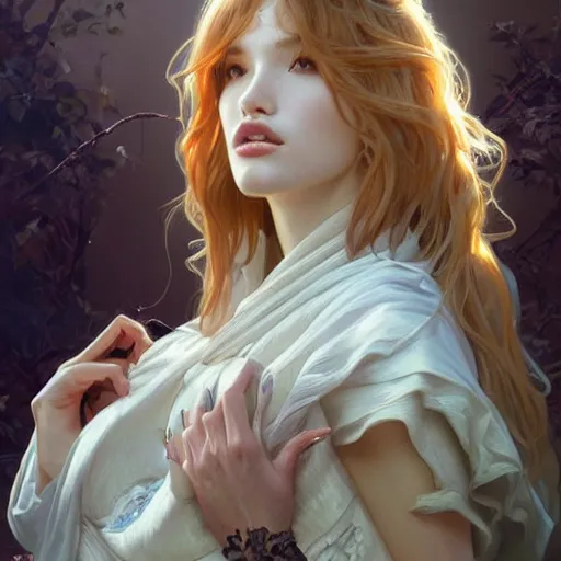 Image similar to ultra realistic illustration, bella thorne as japanese, intricate, elegant, highly detailed, digital painting, artstation, concept art, smooth, sharp focus, illustration, art by artgerm and greg rutkowski and alphonse mucha