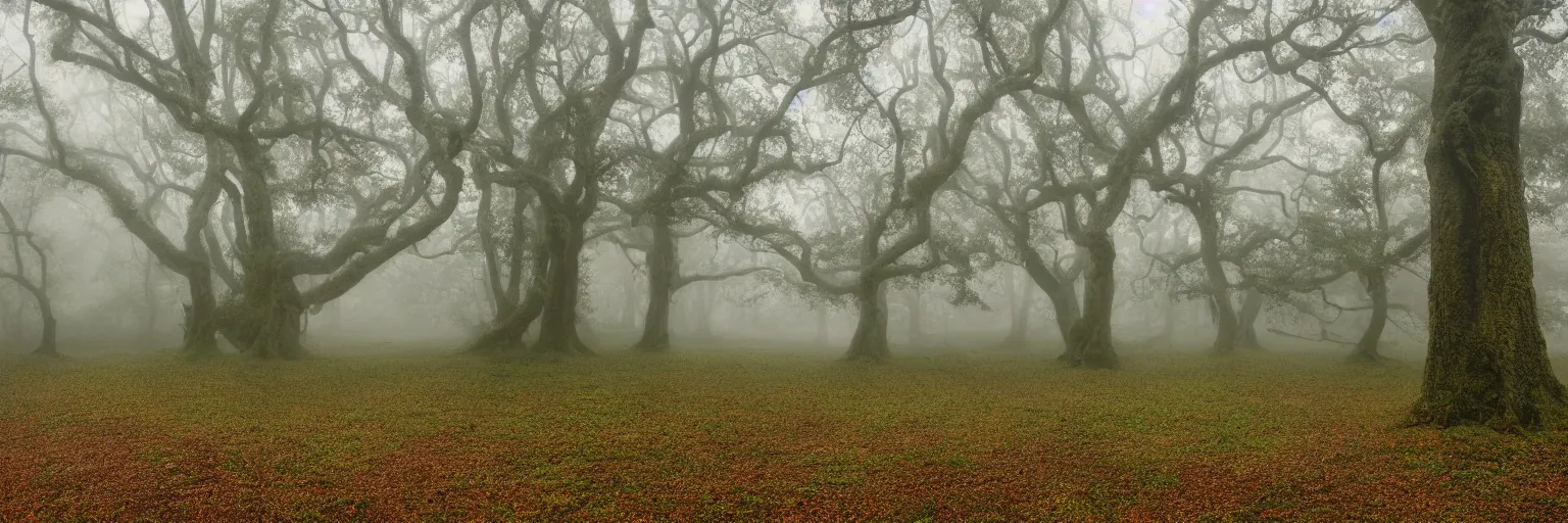 Prompt: an enchanted forest of oak trees, mist and rain