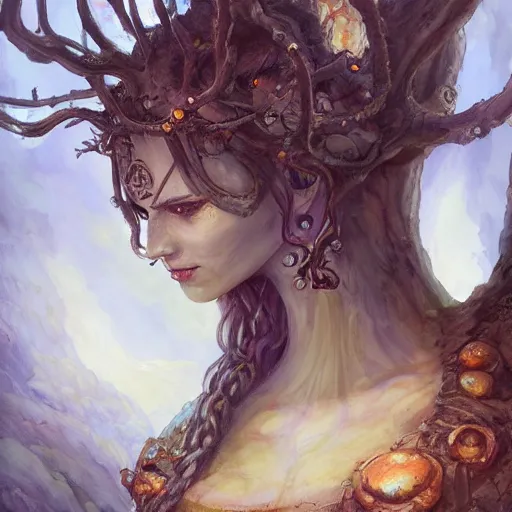 Image similar to Lady Yggdrasil Queen Portrait Portrait Portrait Planescape Torment Vagrant Story Character Time Druid Face Head Eyes Jordan Grimmer Oleg Zherebin Till Freitag Tamas Medve Todor Hristov Ilya Repin