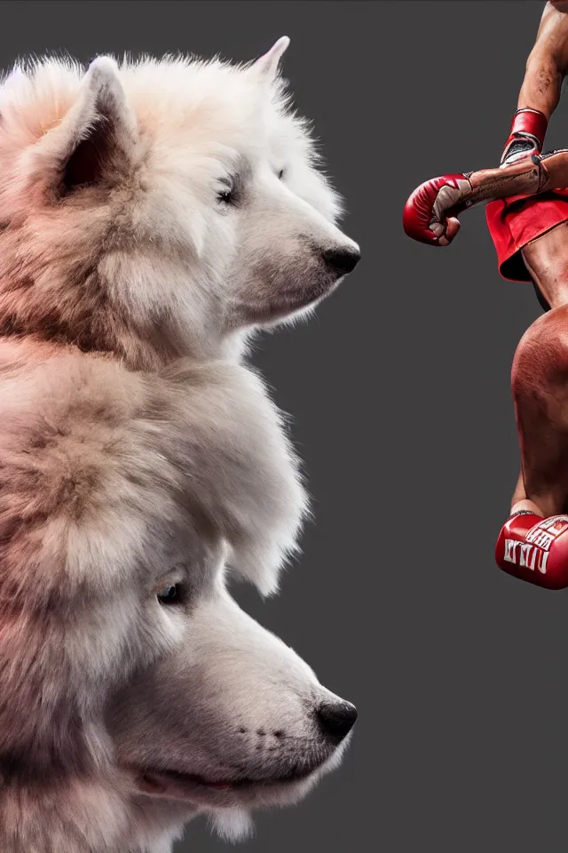 Prompt: samoyed dog head on a human body as a muay thai kickboxer, Wai Kru Ram Muay, world championship fight, photorealistic, cinematic lighting, film still