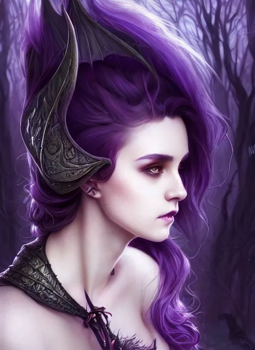 Image similar to front full detailed portrait dark witch, adventurer outfit large cloak, fantasy forest landscape, big moon, dragon scales, fantasy magic, undercut hairstyle, short purple black fade hair, dark light night, intricate, elegant, sharp focus, illustration, highly detailed, digital painting, concept art, matte, art by wlop and artgerm and greg rutkowski and alphonse mucha, masterpiece