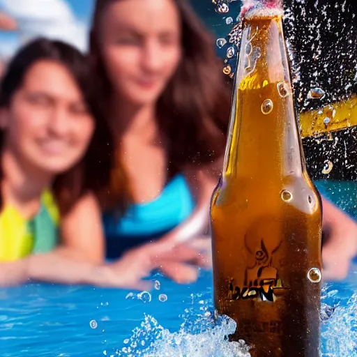 Image similar to a photo of a bottle of beer, product photo, splashes of liquid, beach background with young people having fun, energetic, delicate by marcel christ