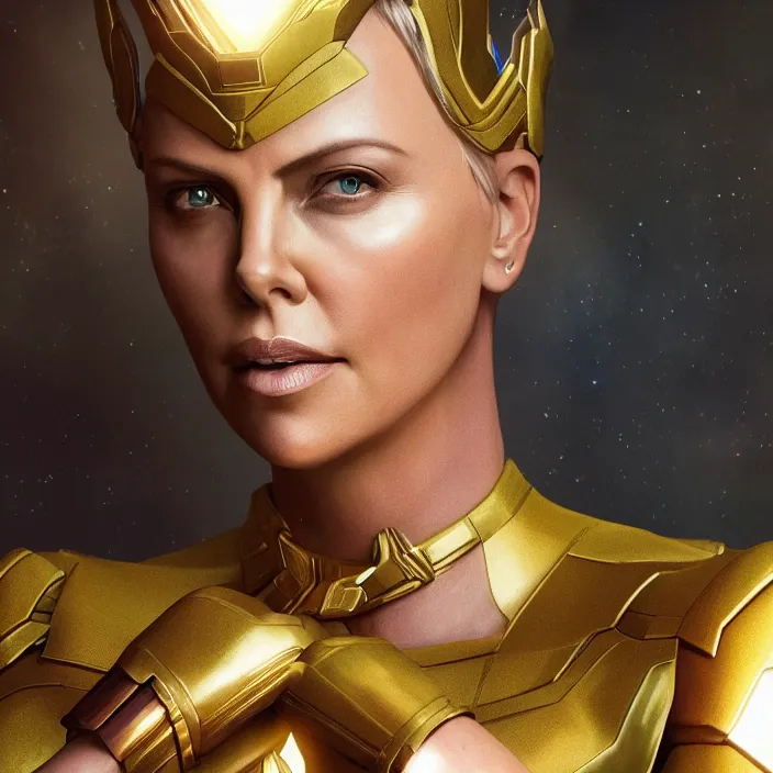 Image similar to portrait of ((Charlize Theron)), wearing The Infinity GAUNTLET. thanos, infinity gauntlet. intricate artwork. octane render, trending on artstation, very coherent symmetrical artwork. avengers. thanos. cinematic, hyper realism, high detail, octane render, 8k, iridescent accents