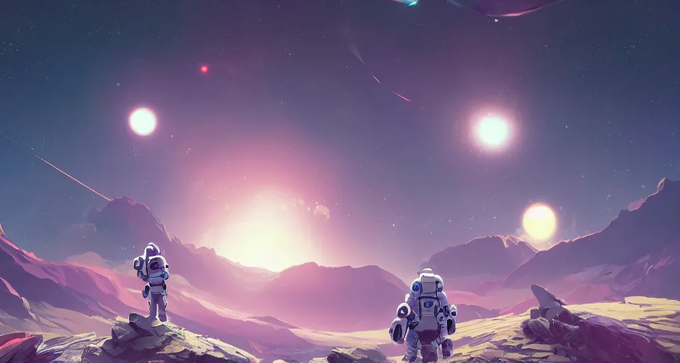 Image similar to astroneer chasing a distant spaceship Anime, wide angle, fine details, cinematic. galaxy starscape. realistic shaded lighting by Ilya Kuvshinov Giuseppe Dangelico Pino and Michael Garmash and Rob Rey greg rutkowski, octane render, IAMAG premiere, aaaa achievement collection, elegant freckles, cinematic hologram, fabulous, daily deviation, 4k, 8k, annual award winner