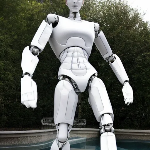 Image similar to made of ice, a realistic detailed photo of a guy who is an attractive humanoid who is half robot and half humanoid, who is a male android, on display, blank stare, showing off his muscles, shiny skin, posing like a statue, by the pool, frozen ice statue, twitch streamer / gamer ludwig, humanoid robot