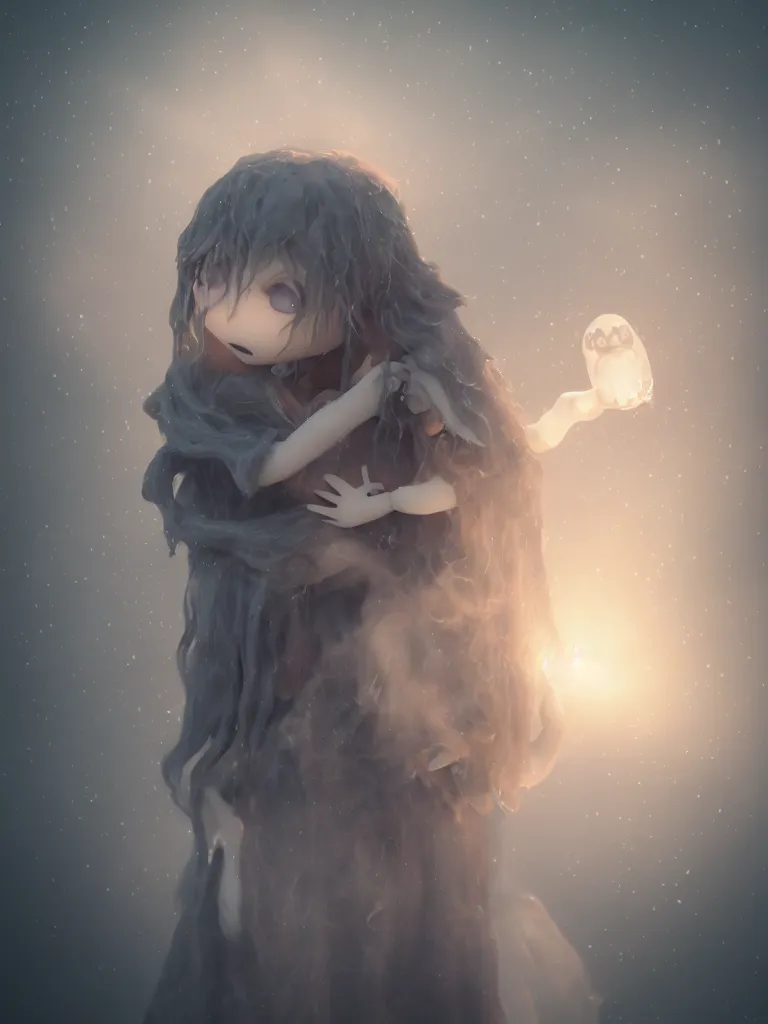 Prompt: cute fumo plush of a cursed frail witch girl held tight in the arms of a translucent ghost mother, hugging and cradling, anime, melting volumetric smoke and fog, environment map pbr reflective stormy water, gothic maiden, bokeh, vignette, vray