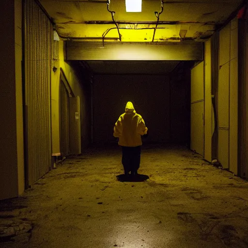 Image similar to a man wearing a yellow hazmat suit inside the dark empty backrooms, liminal space, flickering fluorescent lights, eerie mood