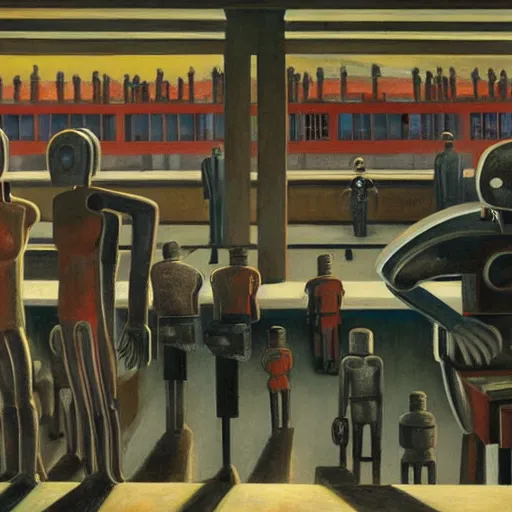 Image similar to drab slave human workers building robots, watched by fascist robots, brutalist factory, dystopian, pj crook, edward hopper, oil on canvas