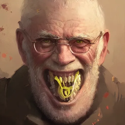 Prompt: old man portrait, grenade in his teeth, greg rutkowski art