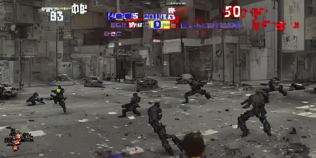 Prompt: 1993 Video Game Screenshot, Anime Neo-tokyo Cyborg bank robbers vs police, Set in Bank Vault Room, bags of money, Multiplayer set-piece, Police officers hit by bullets :5, Police Calling for back up, Bullet Holes and Blood Splatter, :2 ,Hostages, Smoke Grenades, Large Caliber Sniper Fire, Chaos, Cyberpunk, Money, Anime Bullet VFX, Machine Gun Fire, Violent Gun Action, Shootout :3 , Highly Detailed, 8k :6 by Katsuhiro Otomo + Studio Gainax : 8