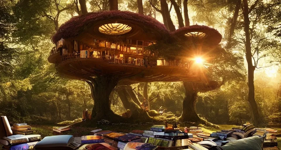 Prompt: An incredibly beautiful scene from a 2022 sci-fi film featuring a cozy art nouveau reading nook in a fantasy treehouse interior. Scattered books and cushions. A tree trunk. Suspended walkways. Golden Hour. 8K UHD.