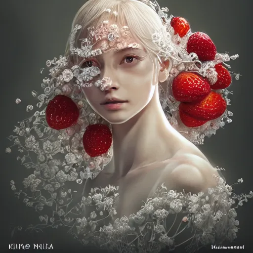 Image similar to the portrait of an absurdly beautiful, graceful, elegant, sophisticated, fashionable young woman made of strawberries and white petals looking down, an ultrafine hyperdetailed illustration by kim jung gi, irakli nadar, intricate linework, bright colors, octopath traveler, final fantasy, unreal engine 5 highly rendered, global illumination, radiant light, detailed and intricate environment