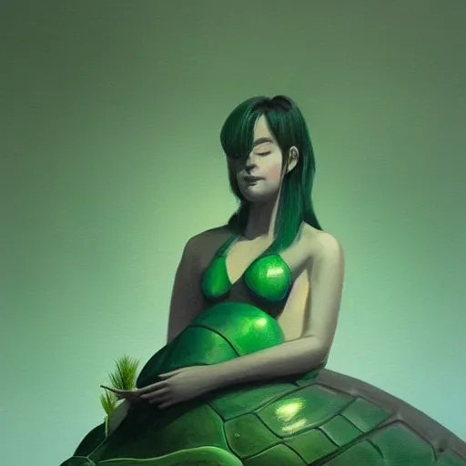 Image similar to painting of a woman sitting in front of a giant turtle in contemplation. green muted colour scheme. trending on artstation. detailed.