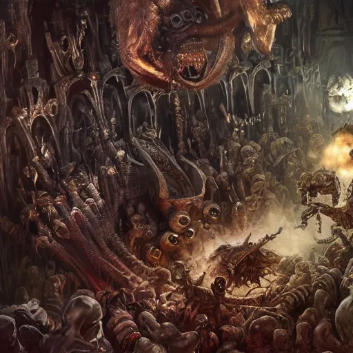 Prompt: muppets being tortured in hell with trumpeters and demons, intricate detail, royo, vallejo, frazetta, giger, whealan, hd, unreal engine,