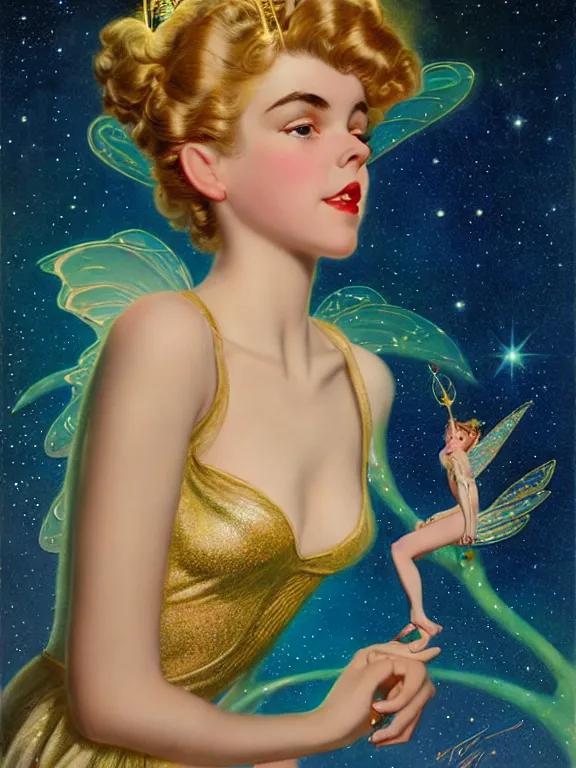 Image similar to kiernan shipka as tinkerbell glowing, a beautiful art nouveau portrait by Gil elvgren and Hajime Sorayama, moonlit starry sky environment, centered composition, defined features, golden ratio, gold jewlery, photorealistic professionals lighting, cinematic, sheer