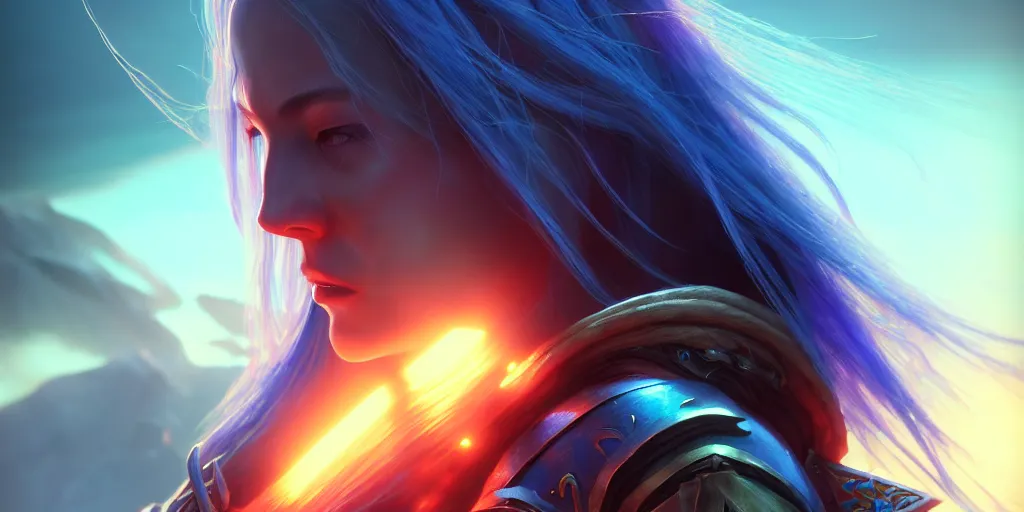 Image similar to ( ( ( ( ( hyperrealist distant portrait of sylvanas windrunner on a blue planet where it rains colors. ) ) ) ) ) by bayard wu, fantasy, photorealistic, octane render, unreal engine, dynamic lighting, trending on artstation, poster, volumetric lighting, very detailed faces, 4 k, award winning