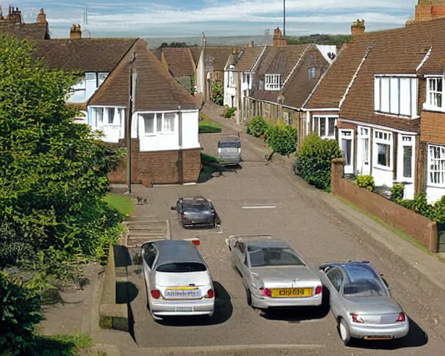 Prompt: view of a suburban british street from an upstairs window, sunny day, cars parked, 2006 photograph, colour
