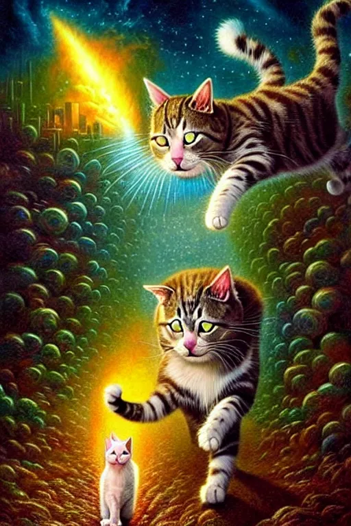 Prompt: a photorealistic detailed cinematic image of cat guiding a departed soul to the afterlife. met by friends and family, overjoyed, emotional by pinterest, david a. hardy, kinkade, lisa frank, wpa, public works mural, socialist