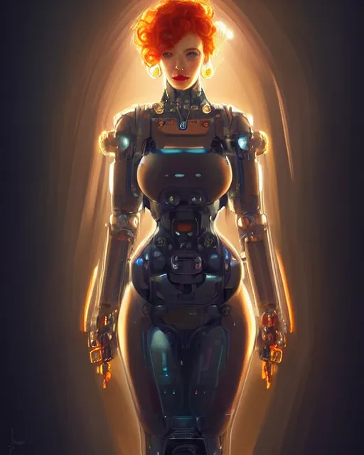 Image similar to portrait of christina hendricks as a robot, cyberpunk machine, machine face, robed, upper half portrait, decorated, intricate intense elegant highly detailed digital painting artstation concept art smooth sharp focus illustration, art by artgerm and greg rutkowski alphonse mucha 8 k