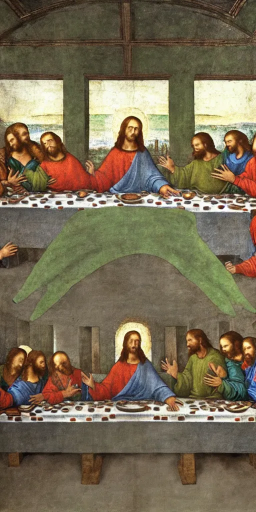 Prompt: the last supper with jesus, all the disciples are slimy green blobs, painted by leonardo da vinci