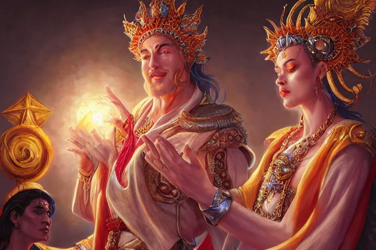 Image similar to close up moment of a divine a sun god and a moon goddess lovers magician at a wedding banquet, highly detailed, d & d, fantasy, highly detailed, digital painting, trending on artstation, concept art, sharp focus, illustration, art by artgerm and greg rutkowski and magali villeneuve