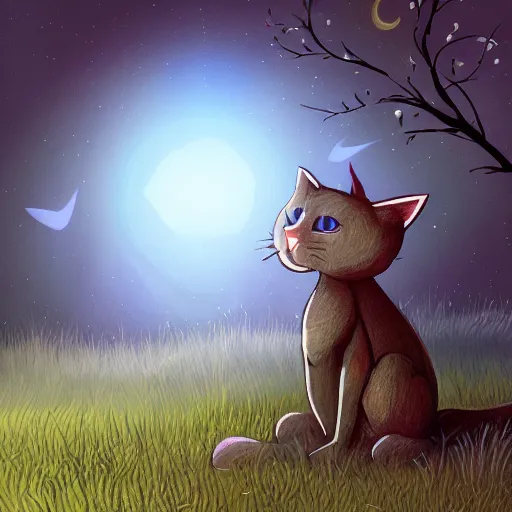 Image similar to illustration of glowing cute blue cat, field and tree, detailed concept art, artstation, warrior cats, shading,