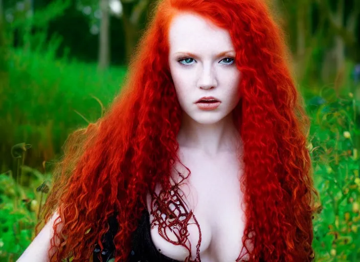 Image similar to award winning 5 5 mm close up face portrait photo of a redhead with blood - red wavy hair and intricate eyes that look like gems, in a park by luis royo