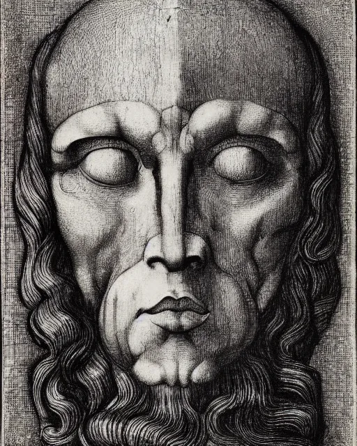 Image similar to head with two faces creature, drawn by da vinci