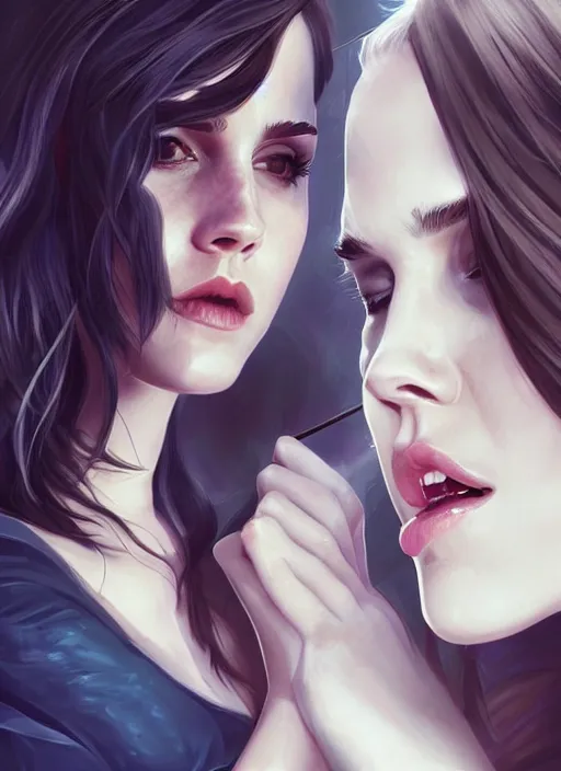Prompt: An edgy illustration of Emma Watson licking the side of Jessica alba's face in the style of Artgerm, deviantart, artstation. digitial art