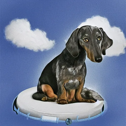 Image similar to an elderly, grey wire-haired dachshund floating in heaven, blue sky, surrounded by beautiful white clouds, with a halo