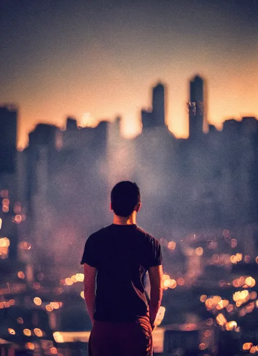 Image similar to a 3 5 mm photo from the back of a scientist raising a fist in triumph, standing in front of a city, splash art, movie still, bokeh, canon 5 0 mm, cinematic lighting, dramatic, film, photography, golden hour, depth of field, award - winning, anamorphic lens flare, 8 k, hyper detailed, 3 5 mm film grain