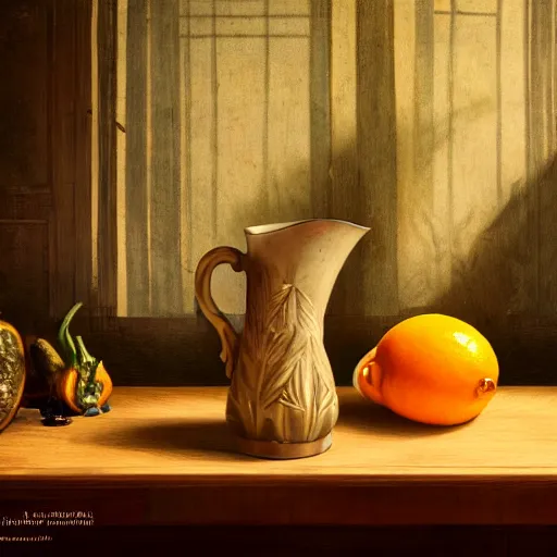 Image similar to still art, antique jug with palms inside on wooden antique table, old candle, much vegetables, lemon, orange, pepper, cinematic light, contrast shadows, dark light, detailed, digital art, concept art, trending on artstation, highly detailed, intricate, sharp focus, digital art, 8 k