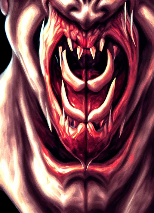 Image similar to face portrait of angry demon screaming, realistic, high qulity, 4 k, sharp fucos, tranding on art station