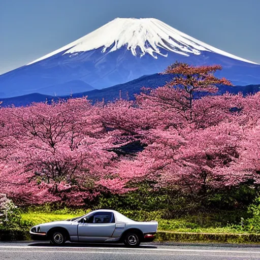 Prompt: a jdm mazda rx 7 driving by mount fuji early in the morning with a few blossom trees around, high quality photo