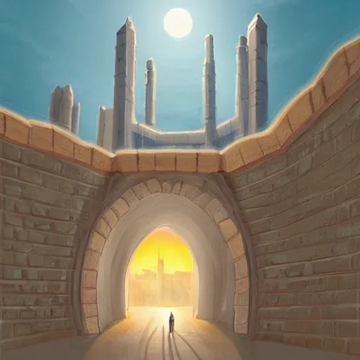 Prompt: wall with portal to makkah city, digital painting, concept art, smooth, sharp focus, illustration by studio ghibli