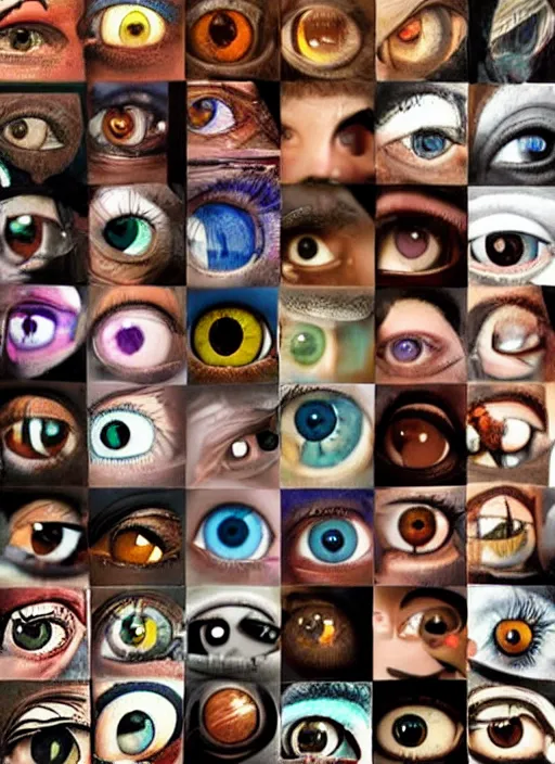 Prompt: diverse human eyes!, dot pupils, round pupil, happy smiling human eyes, round iris, advanced art, art styles mix, from wikipedia, various eye shapes, eye relections