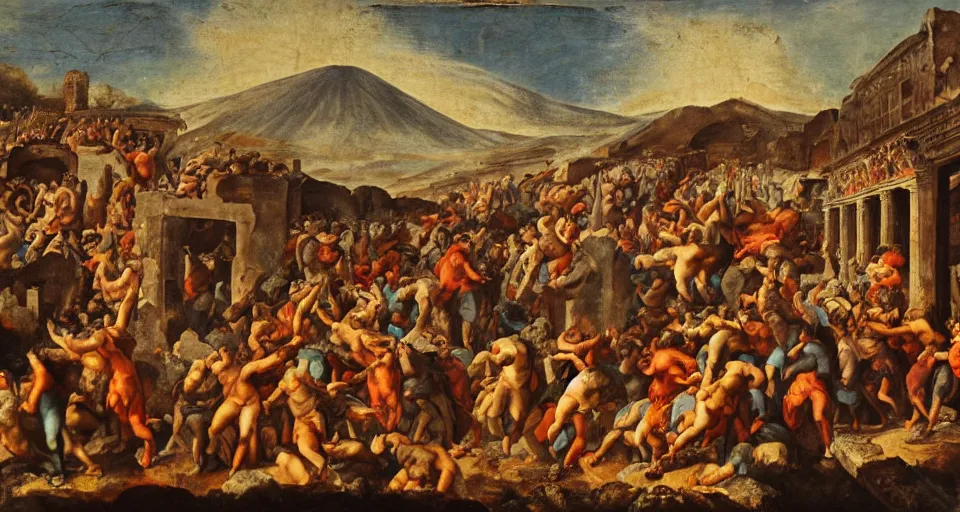 Image similar to mosh pit at music festival in pompeii while mount vesuvius is erupting, fresco, michaelangelo