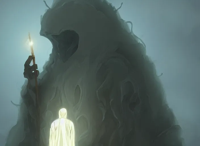 Prompt: a creepy white robed being kneeling in front of a giant golden god in the darkness, ghibli style, artstation