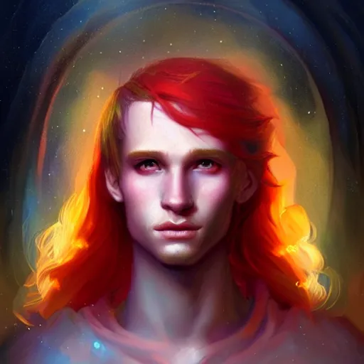 Image similar to colorful and Festive Captivating Fairy boy with red hair portrait, atmospheric lighting, painted, intricate, highly detailed by Charlie Bowater