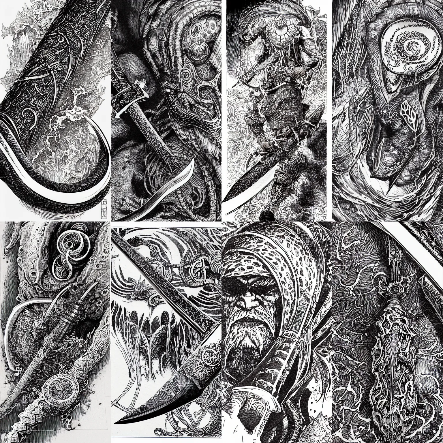 Prompt: highly detailed elden ring ink illustration of a damascus sword engraved with symbols, hyperrealistic clean shaped illustration by kim jung gi, ric estrada, ron english and eiichiro oda