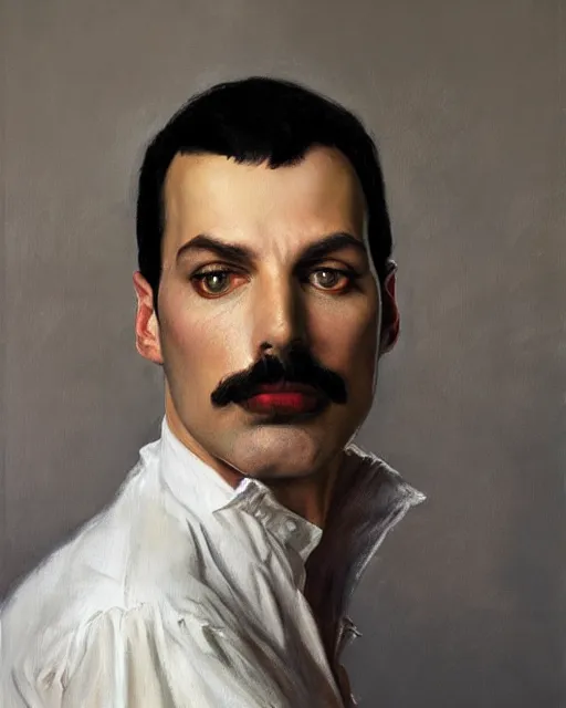 Prompt: freddie mercury dramatic expression, plein air headshot portrait oil painting by donato giancola, john singer sargent, frans hals, mandy jurgens, fashion photography, vaperwave