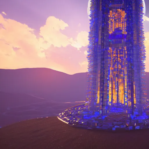 Image similar to Render of a beautiful tower made of gigantic pieces of radiant blue crystal, golden hour, serene, hyperdetailed, trending on Artstation, Unreal Engine 4k